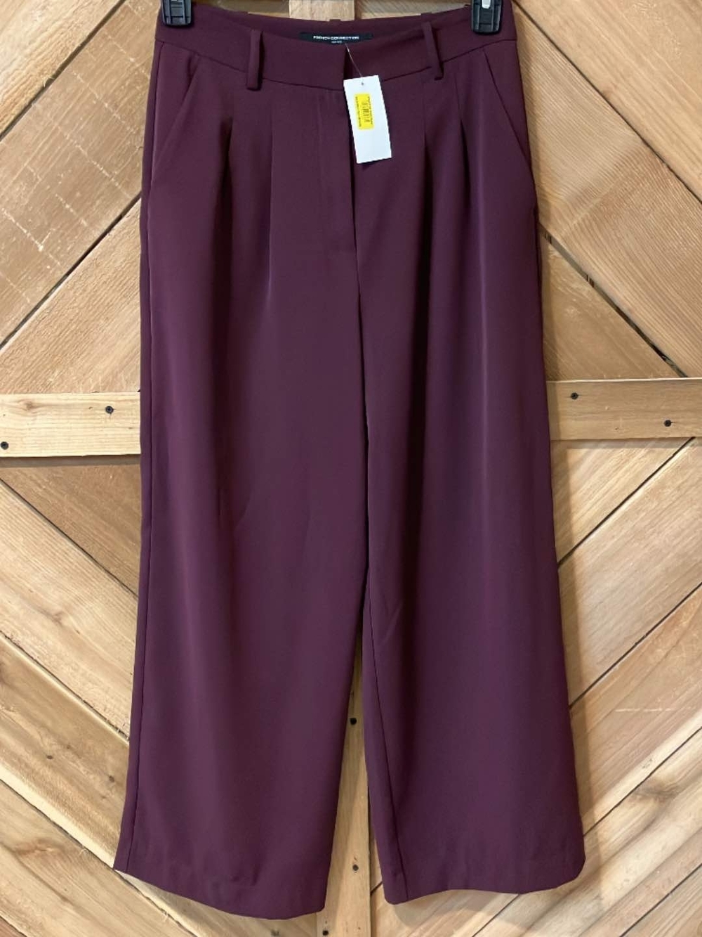 French Connection Wide Leg Pleated Pants in Burgundy Red